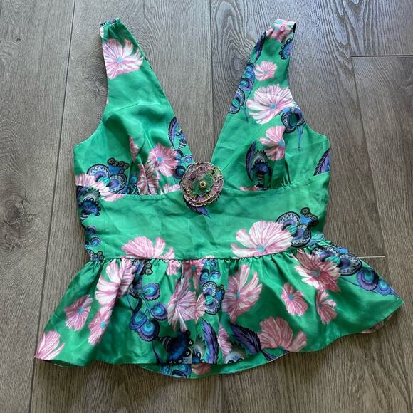 cynthia rowley eden green floral print 100% silk peplum blouse top size XS 2 - Picture 4 of 4